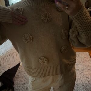 Farm Rio Crochet 3d Flower Dropped Shoulder Knit Sweater
